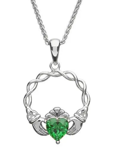 White background cut out shot of Sterling Silver Green Stone Claddagh Pendant